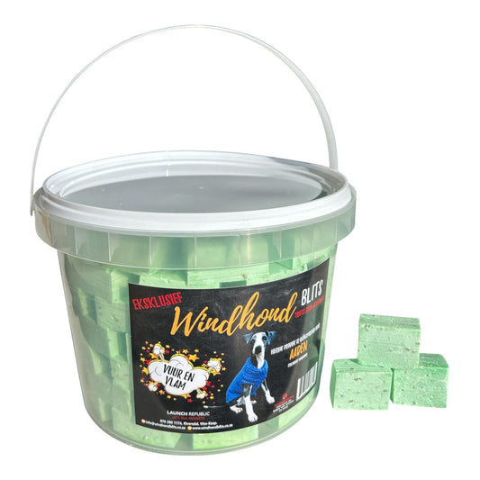 Green 5L Windhond Blits Firelighters Bucket showing handcrafted firelighter cubes
